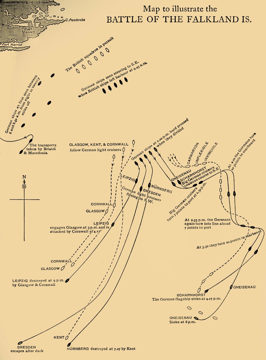 Kort, der illustrerer slaget ved Falklandsøerne den 8. december 1914, c1920. af Unbekannt
