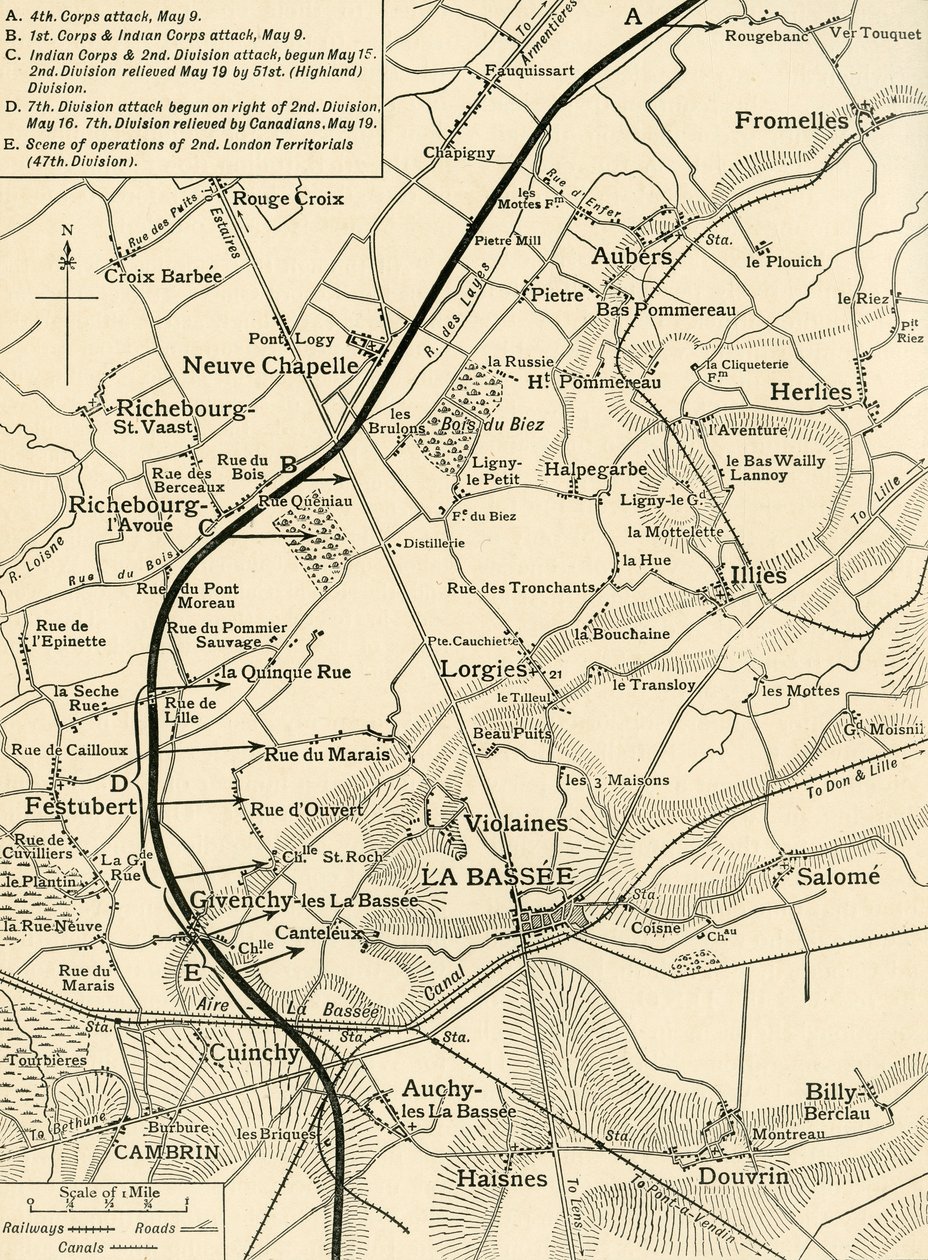 Kort, der illustrerer Operations of the First Army..., Første Verdenskrig, 1915, c1920. af Unbekannt