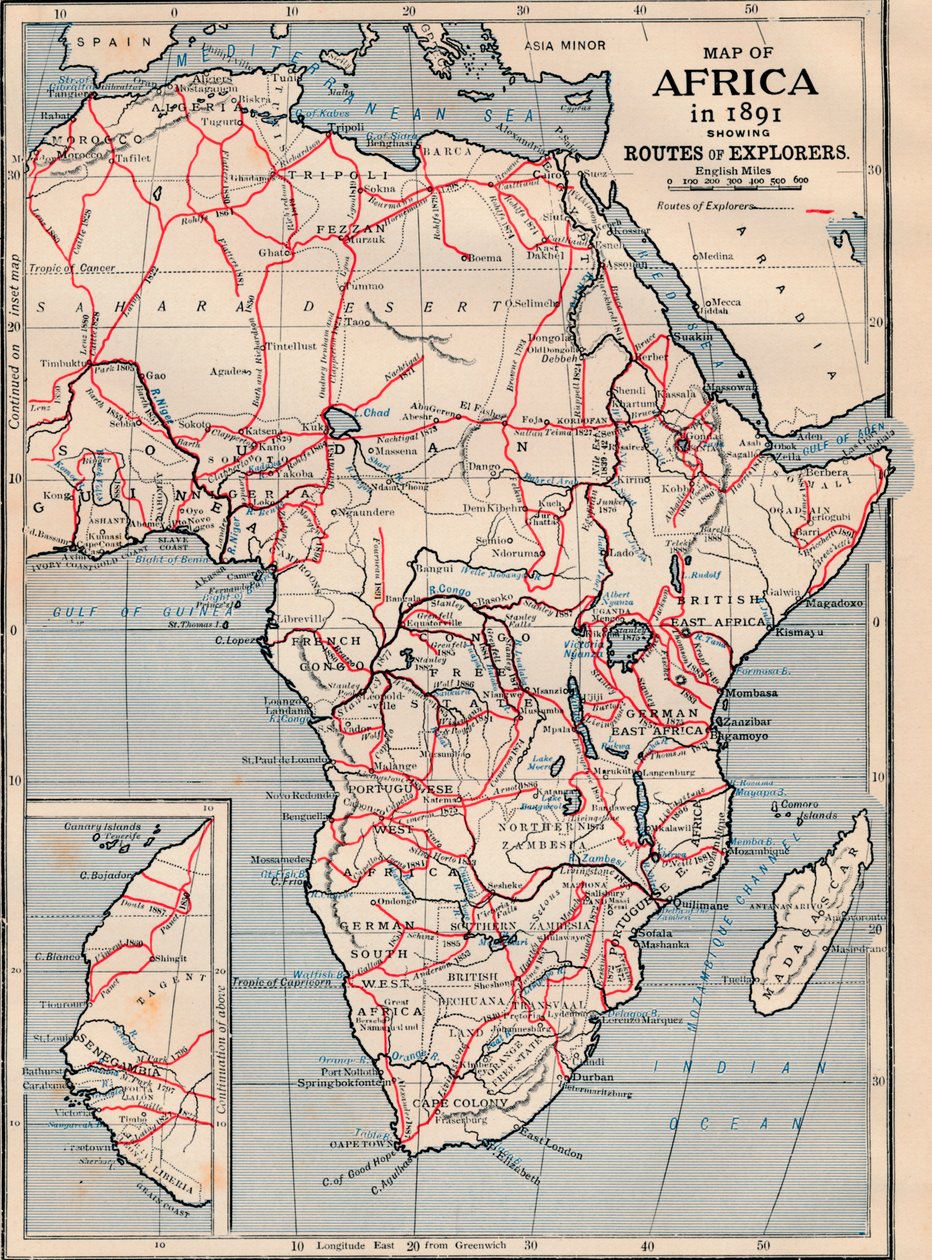 Kort over Afrika i 1891, der viser opdagelsesrejsendes ruter af Unbekannt