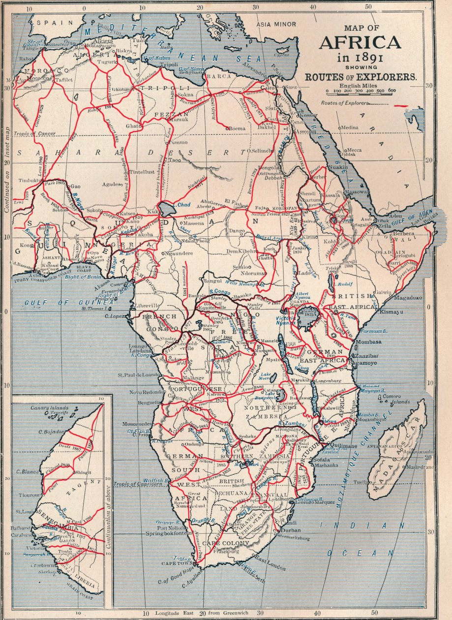Kort over Afrika i 1891, der viser opdagelsesrejsendes ruter, 1906 af Unbekannt