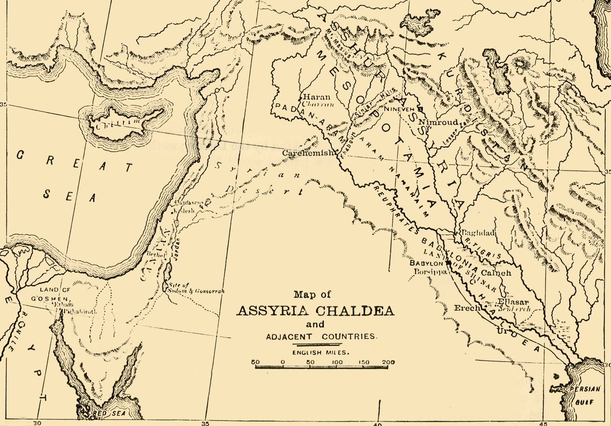 Kort over Assyrien, Kaldæa og tilstødende lande, 1890. af Unbekannt