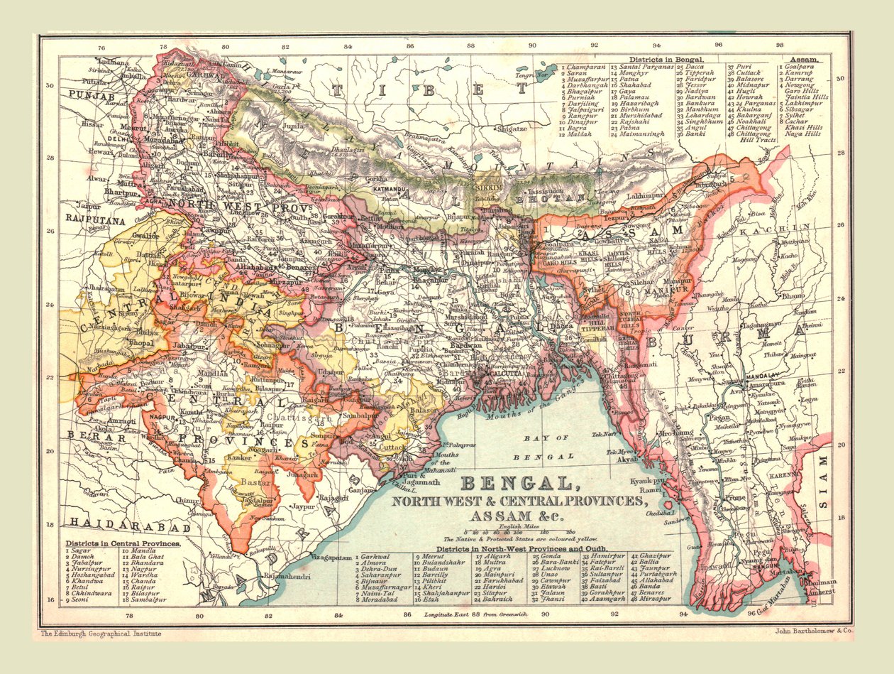 Kort over Bengalen, de nordvestlige og centrale provinser og Assam, 1902. af Unbekannt
