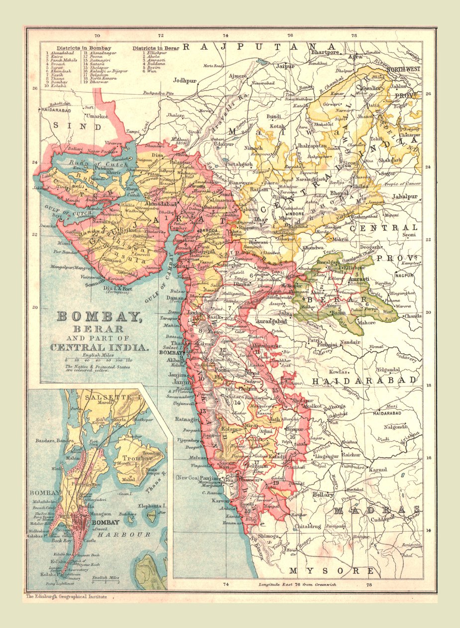 Kort over Bombay, Berar og en del af det centrale Indien, 1902. af Unbekannt