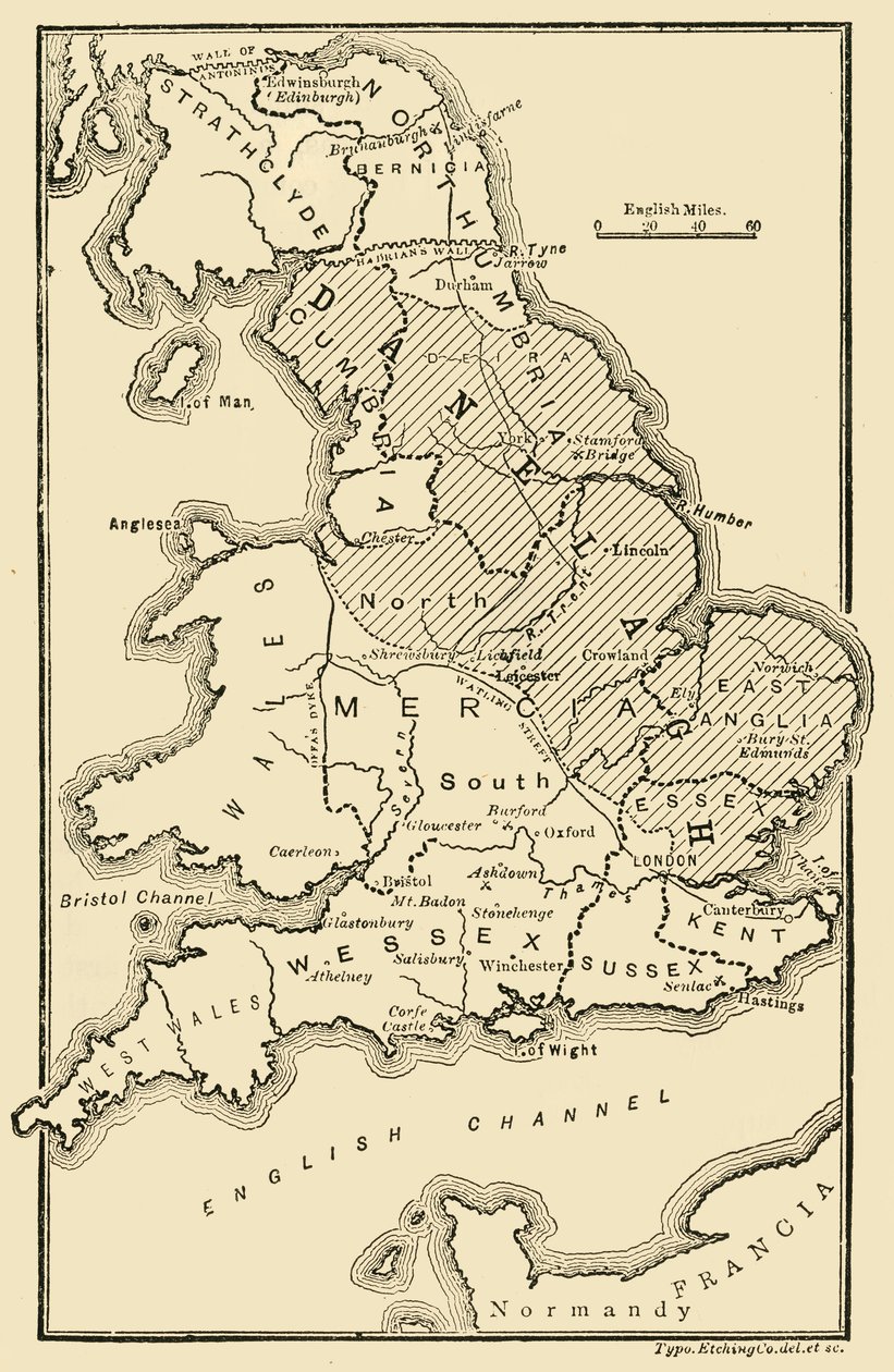 Kort over England, Viser angelsaksiske kongeriger og danske distrikter, c9. århundrede, 189 af Unbekannt