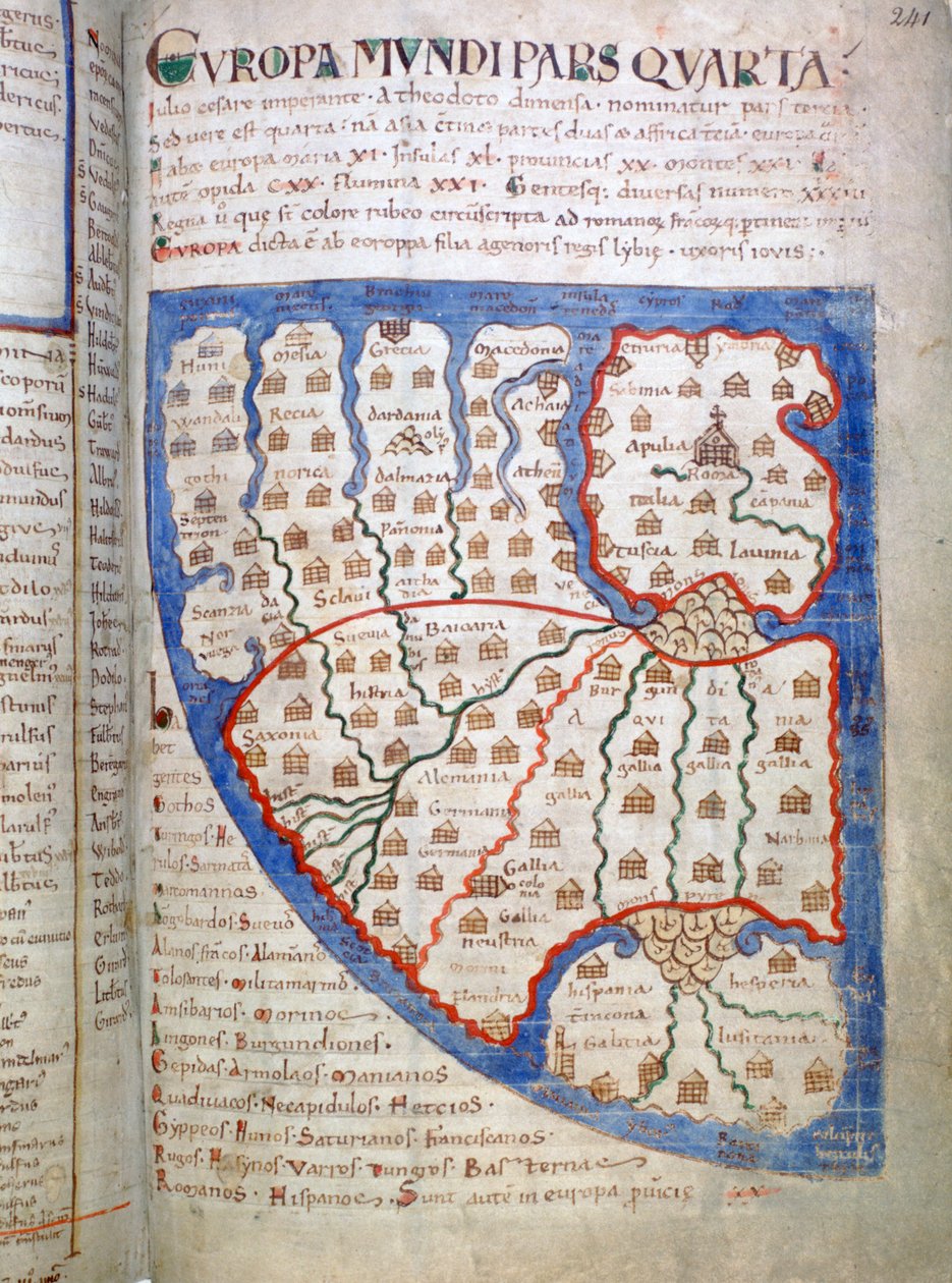 Kort over Europa, en side fra Liber Floridus, 1100-tallet af Unbekannt