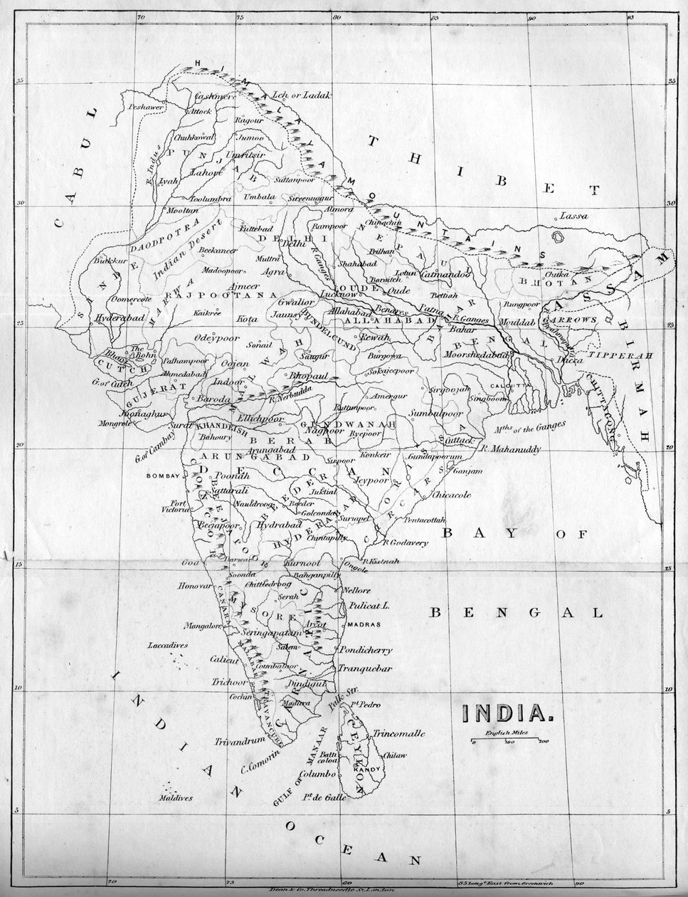 Kort over Indien, 1847 af Unbekannt