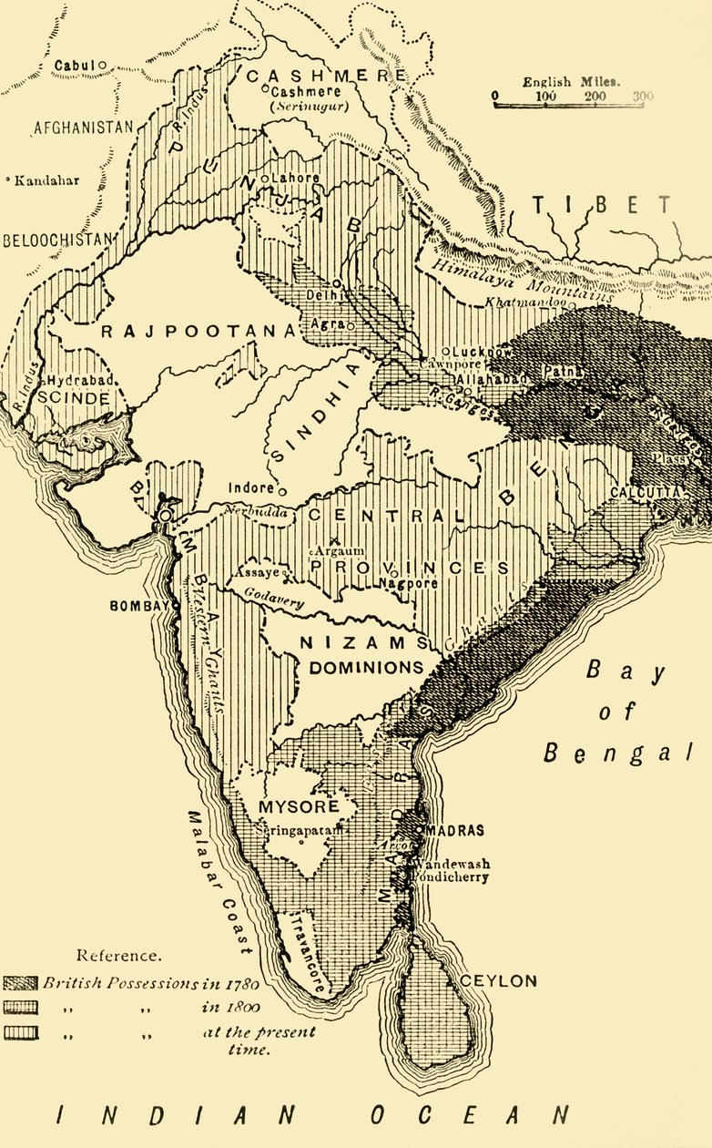 Kort over Indien, der viser de britiske besiddelser i 1780,1800 og på nuværende tidspunkt, 1890. af Unbekannt
