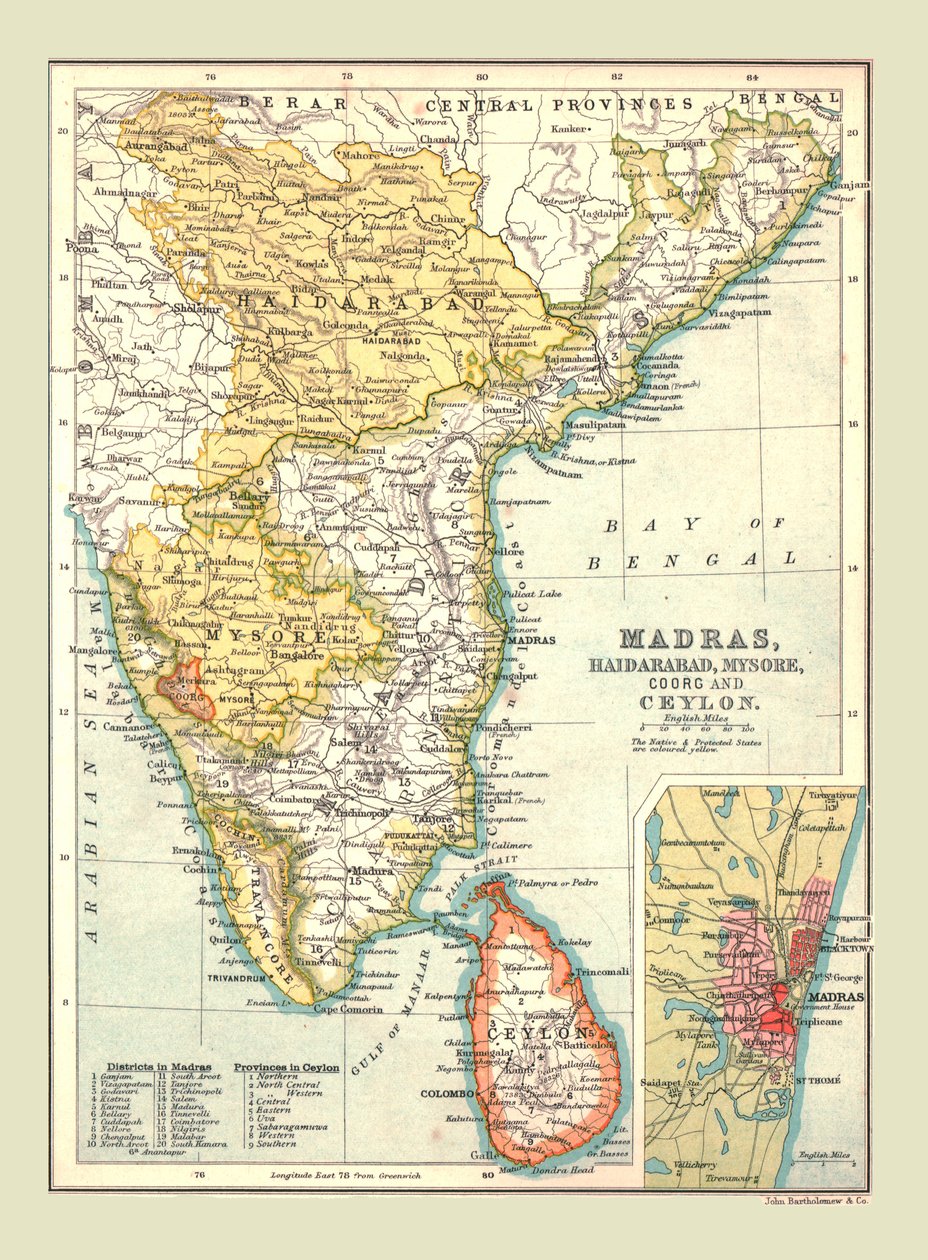 Kort over Madras, Hyderabad, Mysore, Coorg og Ceylon, 1902. af Unbekannt