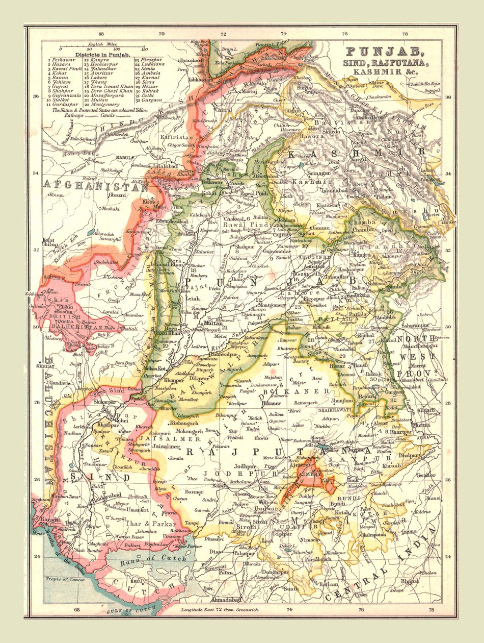 Kort over Punjab, Sind, Rajputana og Kashmir, 1902. af Unbekannt
