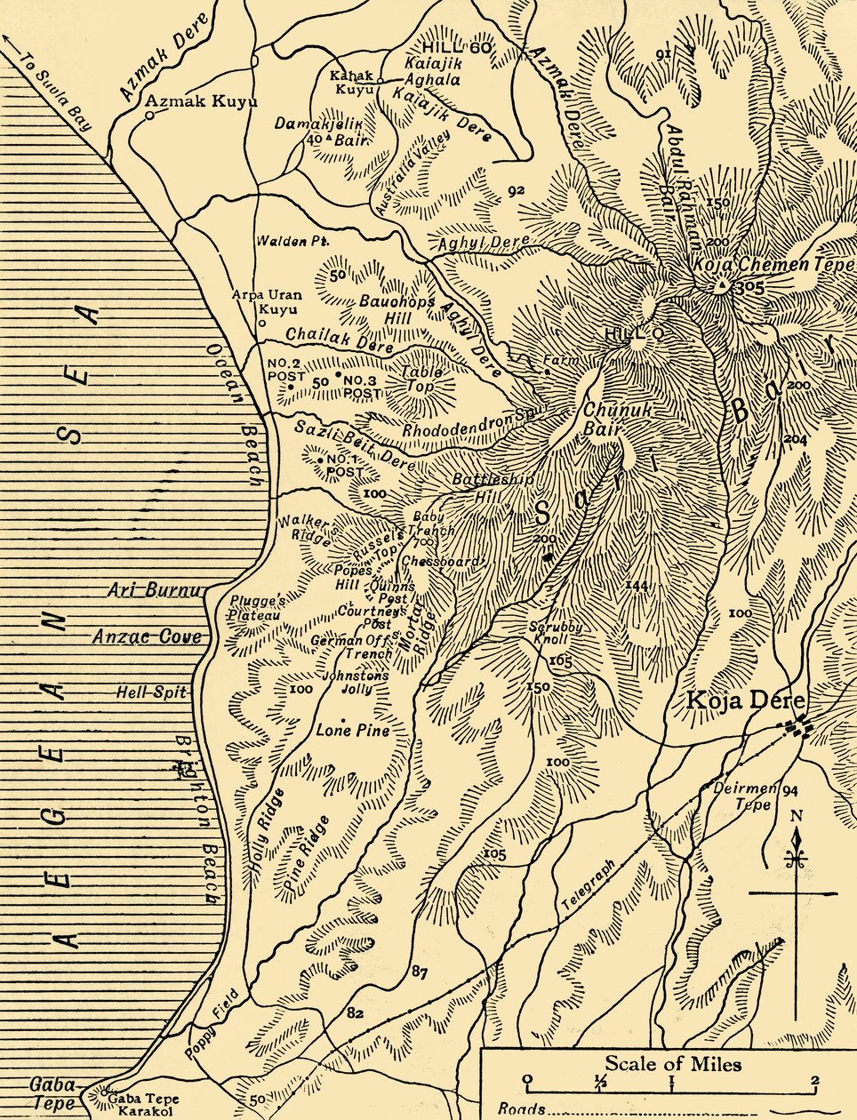 Kort over Sari Bair, Gallipoli halvøen, Første Verdenskrig, 1915, c1920. af Unbekannt