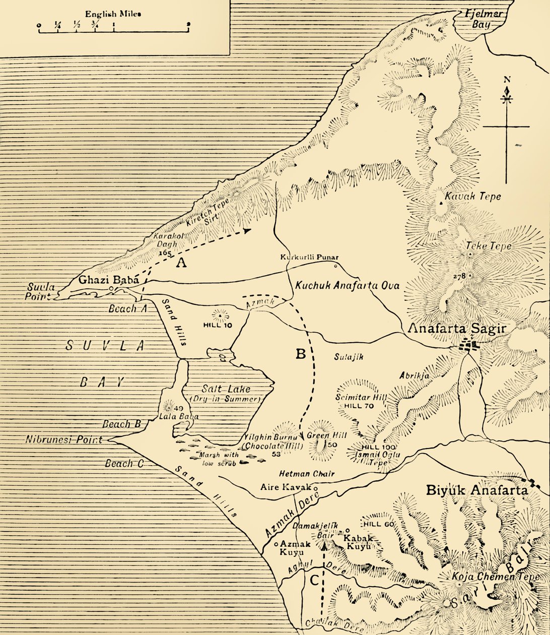 Kort over Suvla Bay, Gallipoli halvøen, Første Verdenskrig, 1915, c1920. af Unbekannt