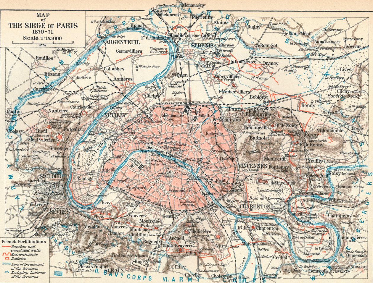 Kort over belejringen af Paris, 1870-71, 1907 af Unbekannt