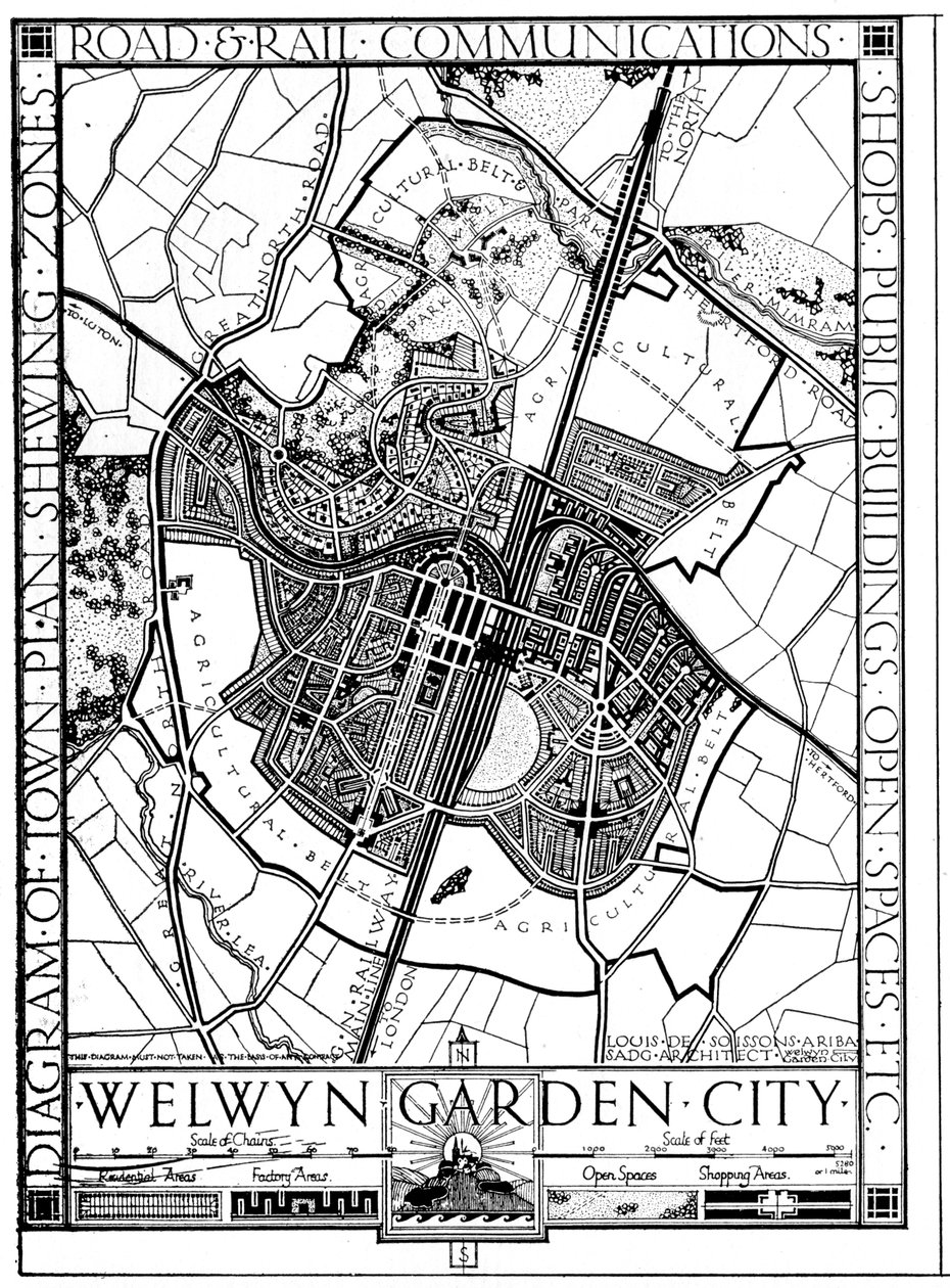 Kort over Welwyn Garden City, Hertfordshire, England, 1926 af Unbekannt