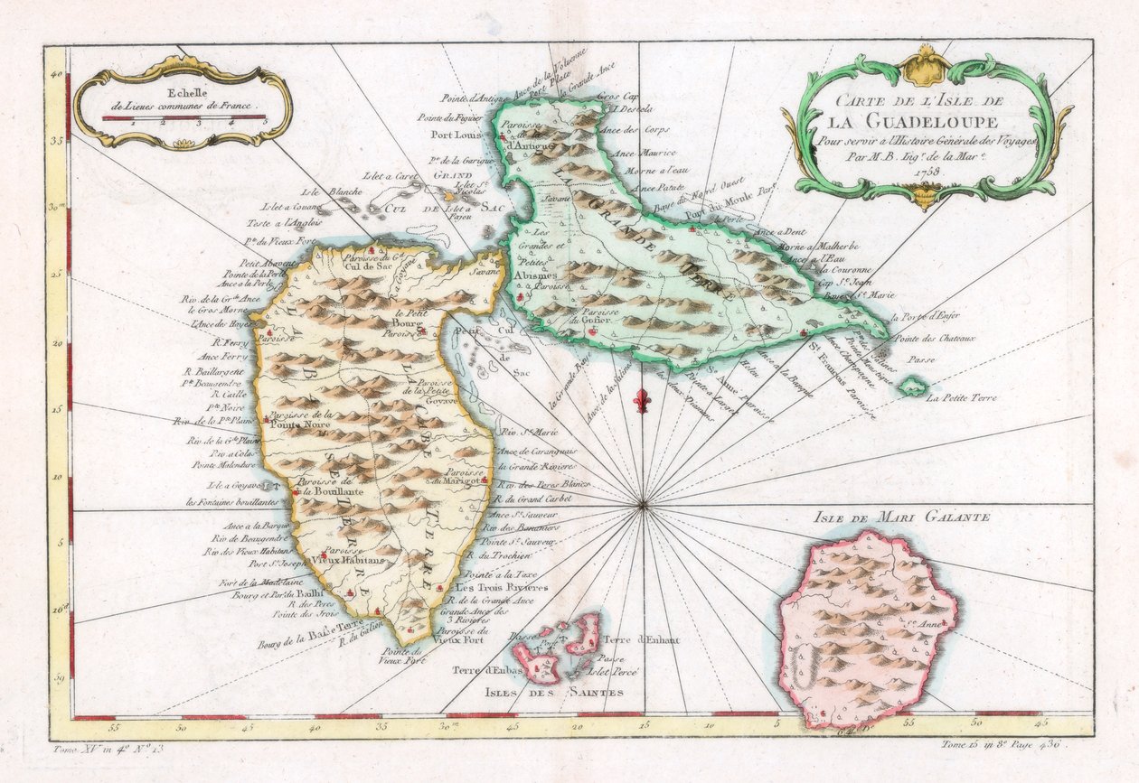Kort over den caribiske ø Guadeloupe, c1764 af Unbekannt