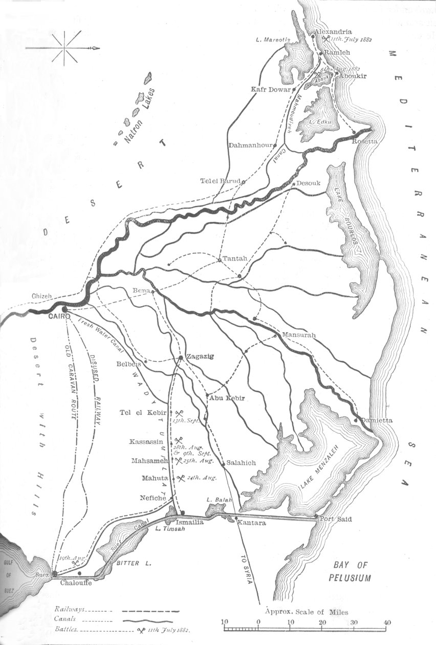 Kort over Nilens delta, strategiske punkter i den egyptiske kampagne, 1882, c1882-85 af Unbekannt