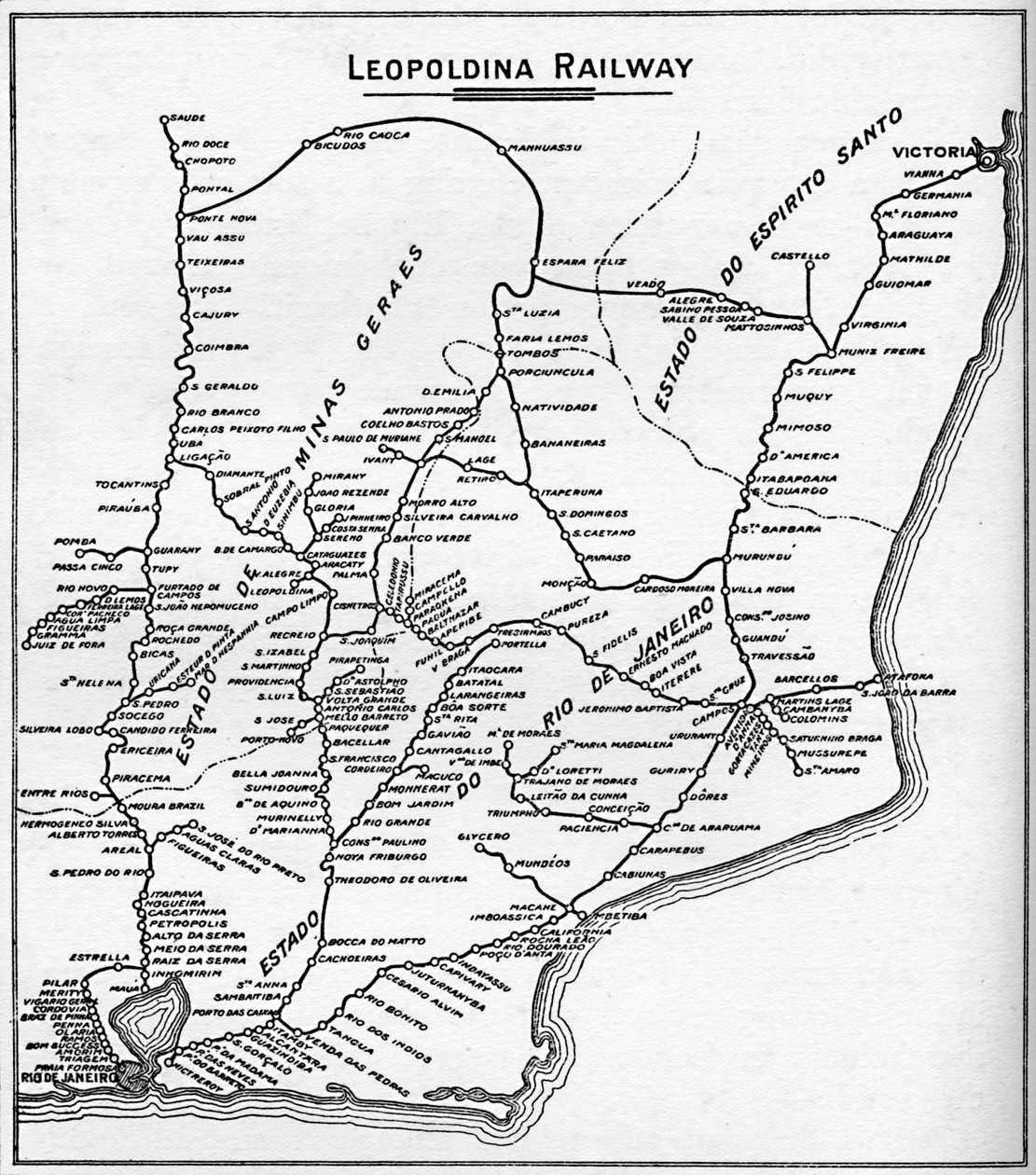 Kort over Leopoldina Railway System, 1914. af Unbekannt