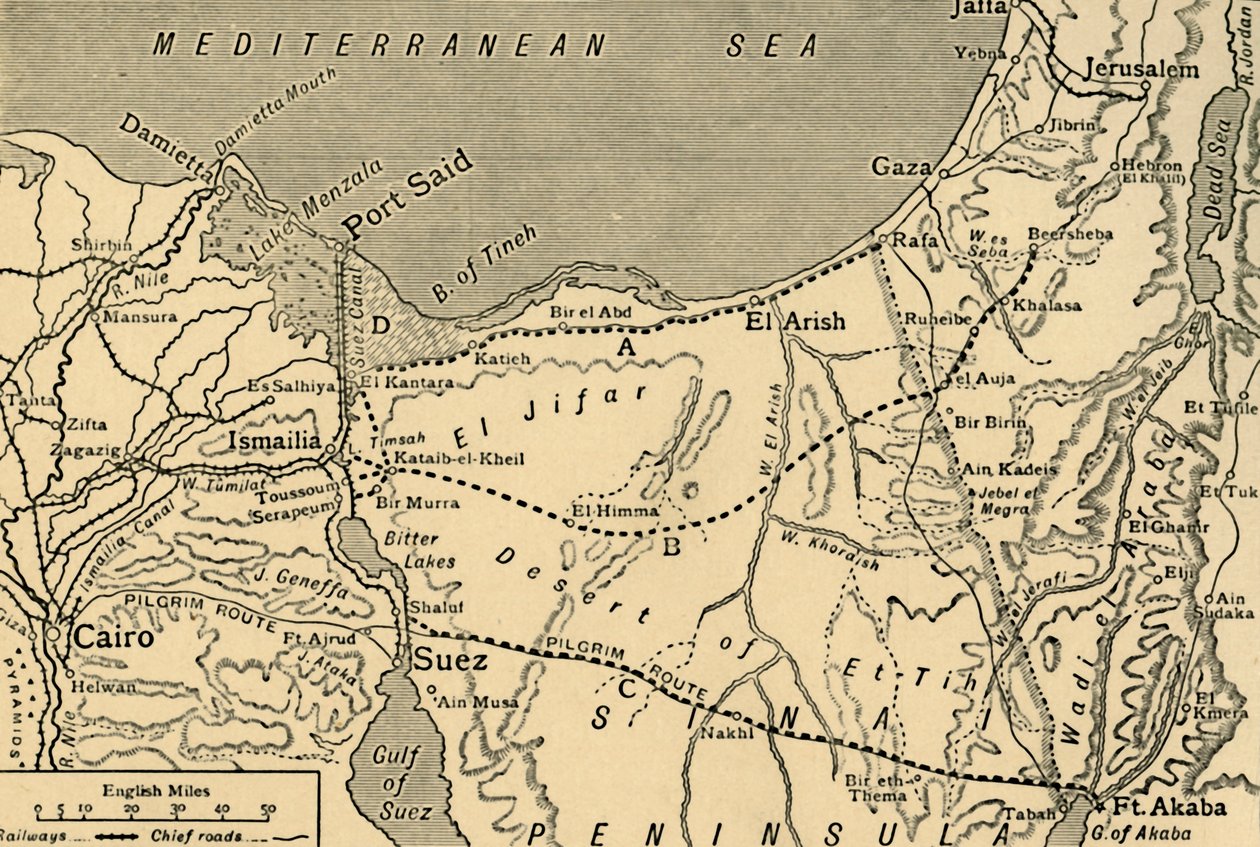 Kort over det tyrkiske angreb på Suez-kanalen, Egypten, Første Verdenskrig, 1915, c1920. af Unbekannt
