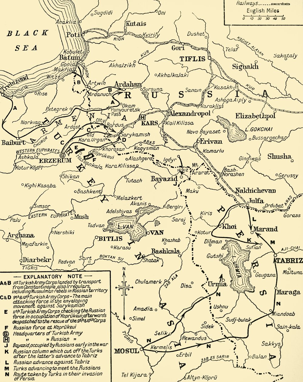 Kort over grænsen mellem Rusland og Tyrkiet, Første Verdenskrig, c1920. af Unbekannt