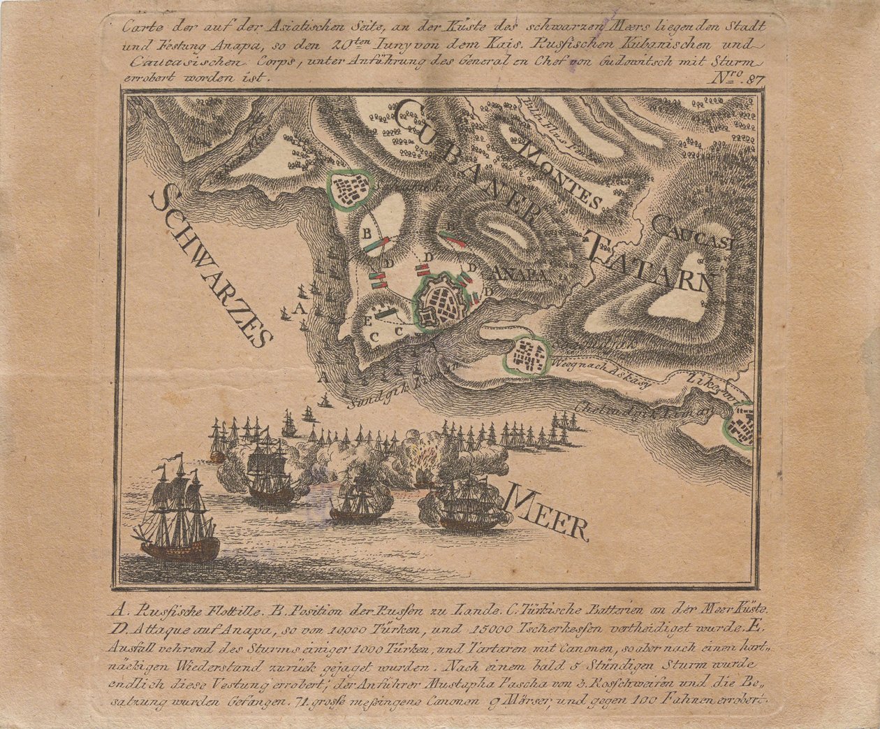 Kort over russiske troppers erobring af havfæstningen Anapa ved Sortehavet i juni 1791, 1791. af Unbekannt