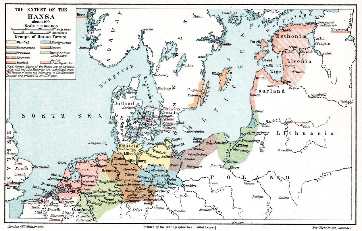 Kort over Hanseforbundets udstrækning omkring 1400 af Unbekannt