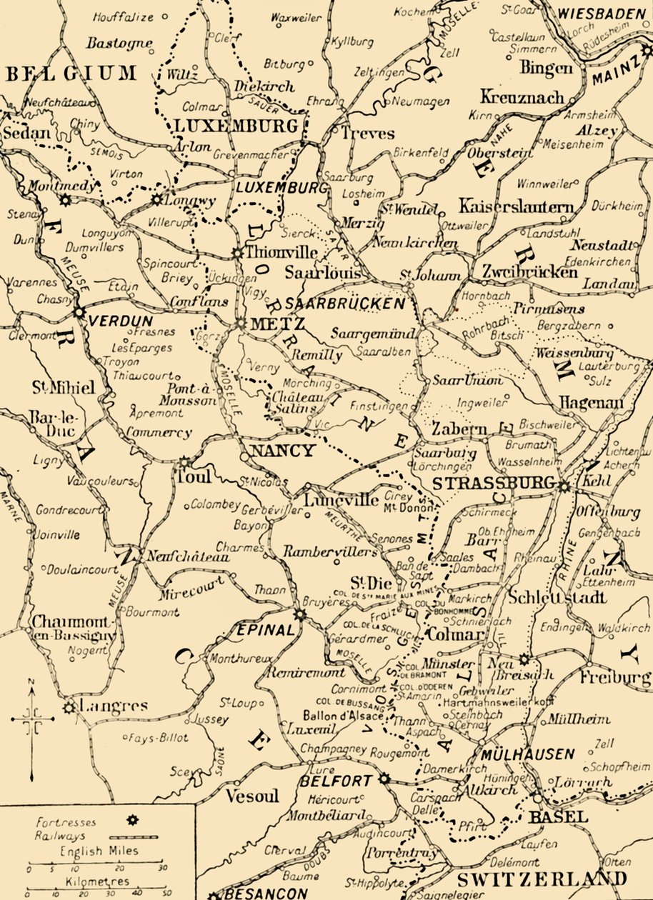 Kort, der viser grænsen mellem Frankrig og Tyskland, Første Verdenskrig, c1915, c1920. af Unbekannt
