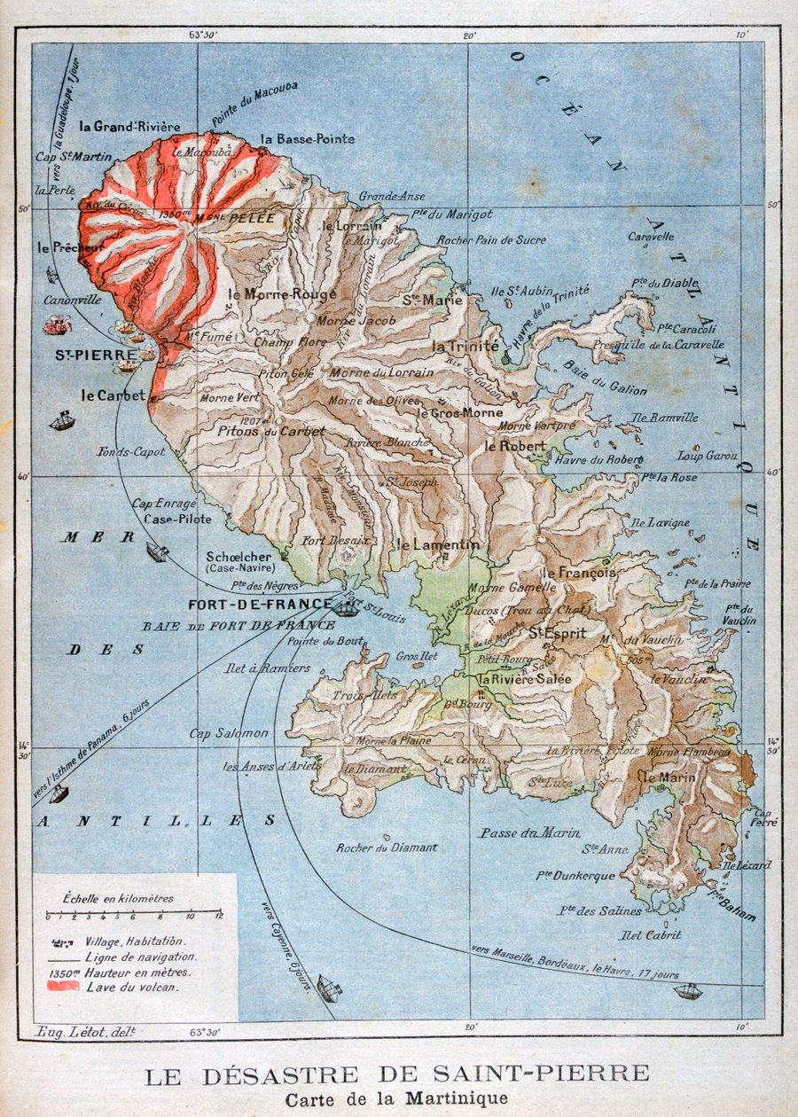 Kort, der viser udbruddet af Mount Pelee, Martinique, 1902 af Unbekannt