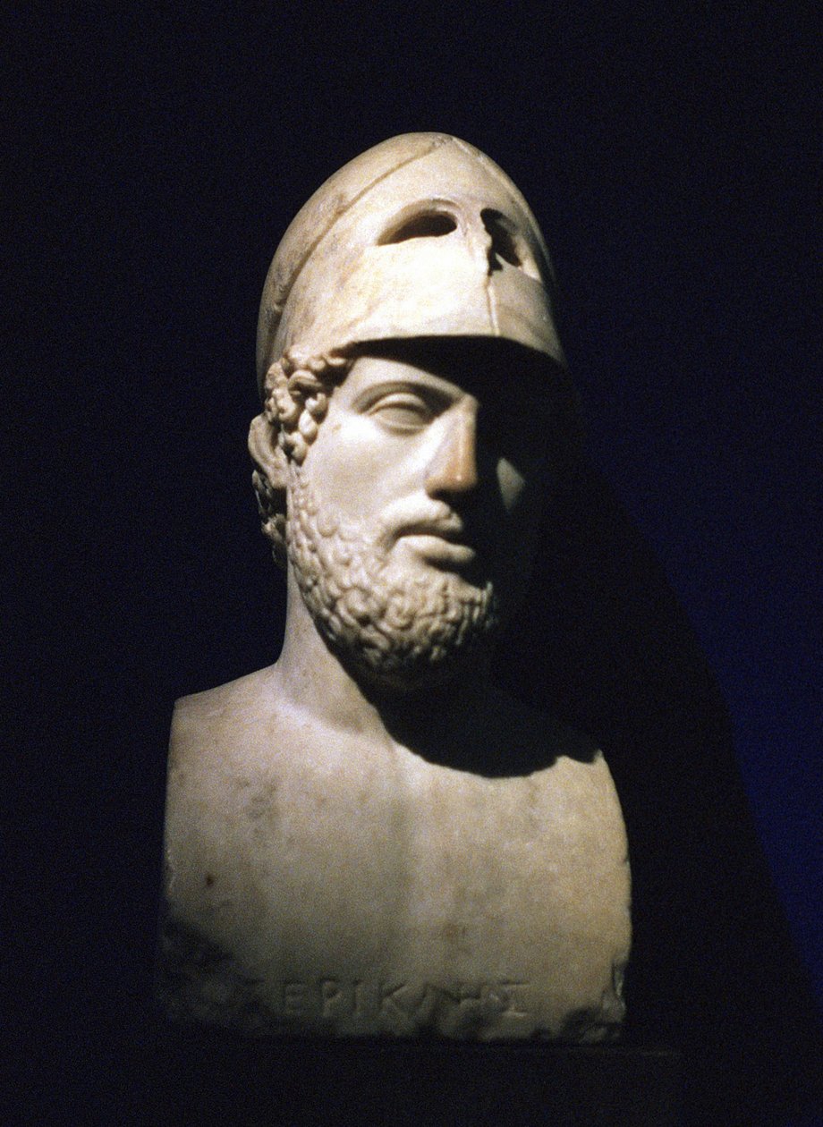 Marmorportrætbuste af Perikles (Pericles) athensk statsmand (c490-429 f.Kr.). Romersk 2. århundrede f.Kr. (skulptur, der siges at være fra Hadrians villa i Tivoli, Lazio, Italien) af Unbekannt