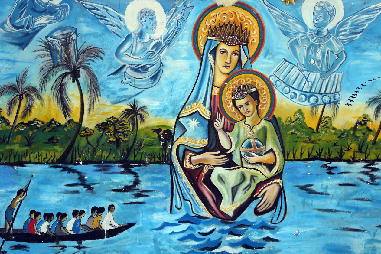 Marian Sanctuary Our Lady of the Lake Togo. Vor Frue af søen Togo. Vægmaling. At gå af Unbekannt