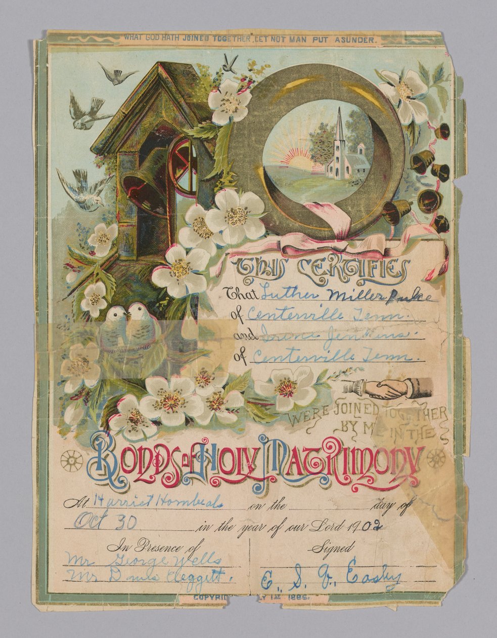 Vielsesattest mellem Luther Miller Pulce og Irene Jenkins, 30. oktober 1902. af Unbekannt