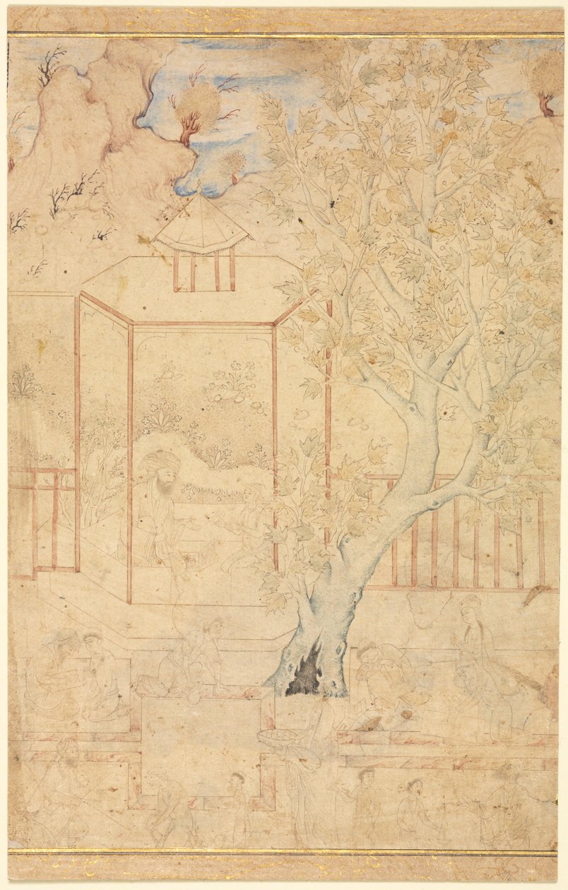 Mester og discipel i en havepavillon, illustration på én side, ca. 1570-1590