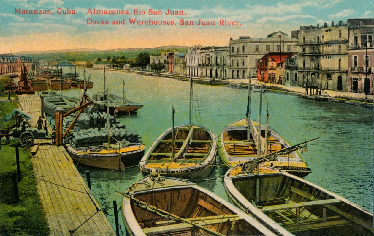 Matanzas, Cuba. Pakhuse, Rio San Juan. Dokker og pakhuse, San Juan-floden, c1910 af Unbekannt