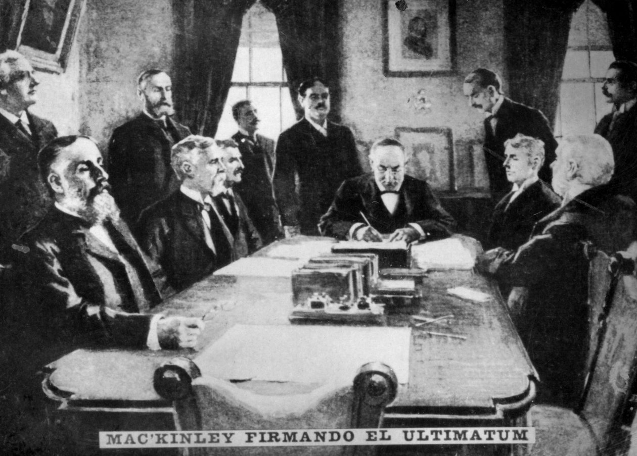 McKinley underskriver ultimatum, 12. april 1898, c1910 af Unbekannt