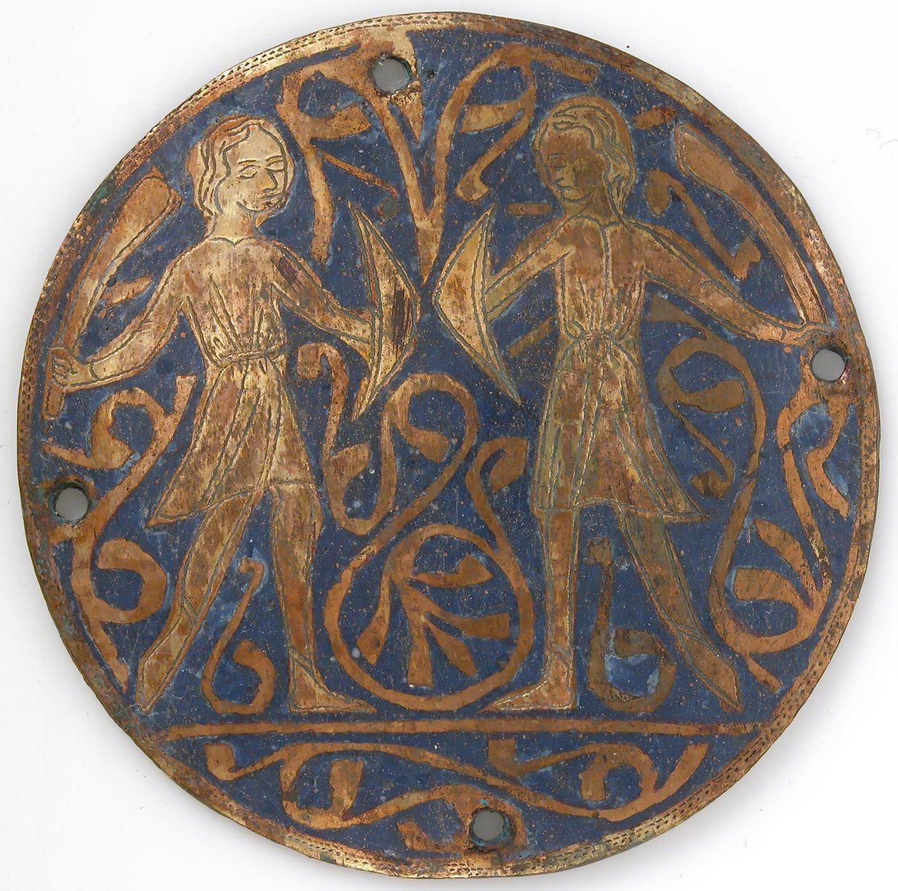Medaljon med to unge krigere med falchions og bucklere, fransk, ca. 1240-60. af Unbekannt