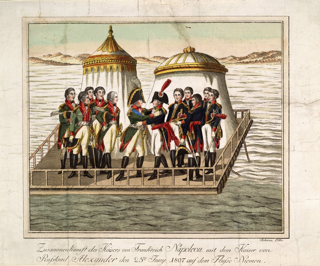 Møde mellem kejserne Alexander I af Rusland og Napoleon I af Frankrig ved Neman nær Tilsit, 1807 af Unbekannt