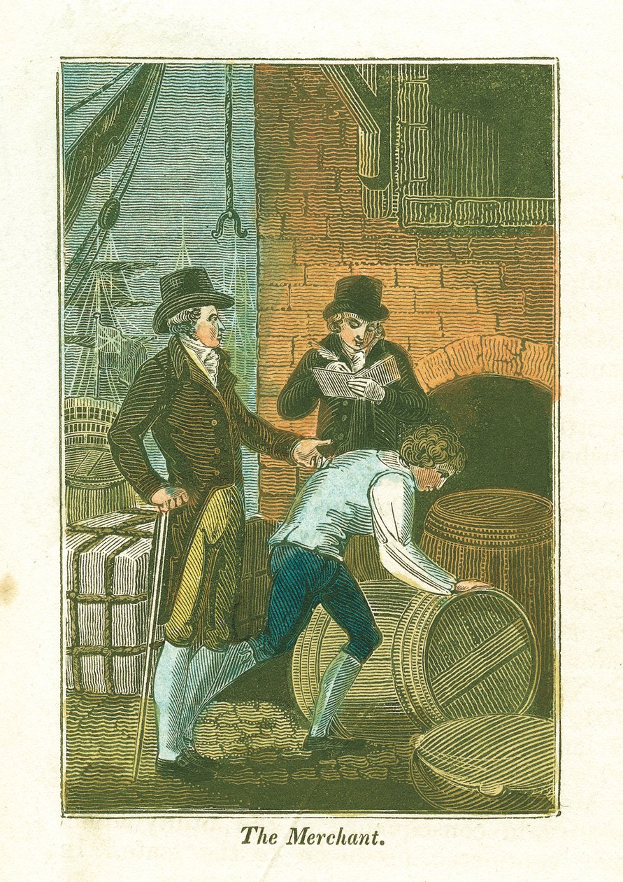 Købmand og hans ekspedient ved kajen tjekker varer på et lager, 1823 af Unbekannt