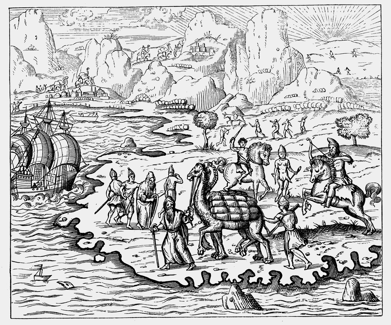 Købmænd, der transporterer varer til kysten og et ventende fartøj med kamel, 1575 af Unbekannt