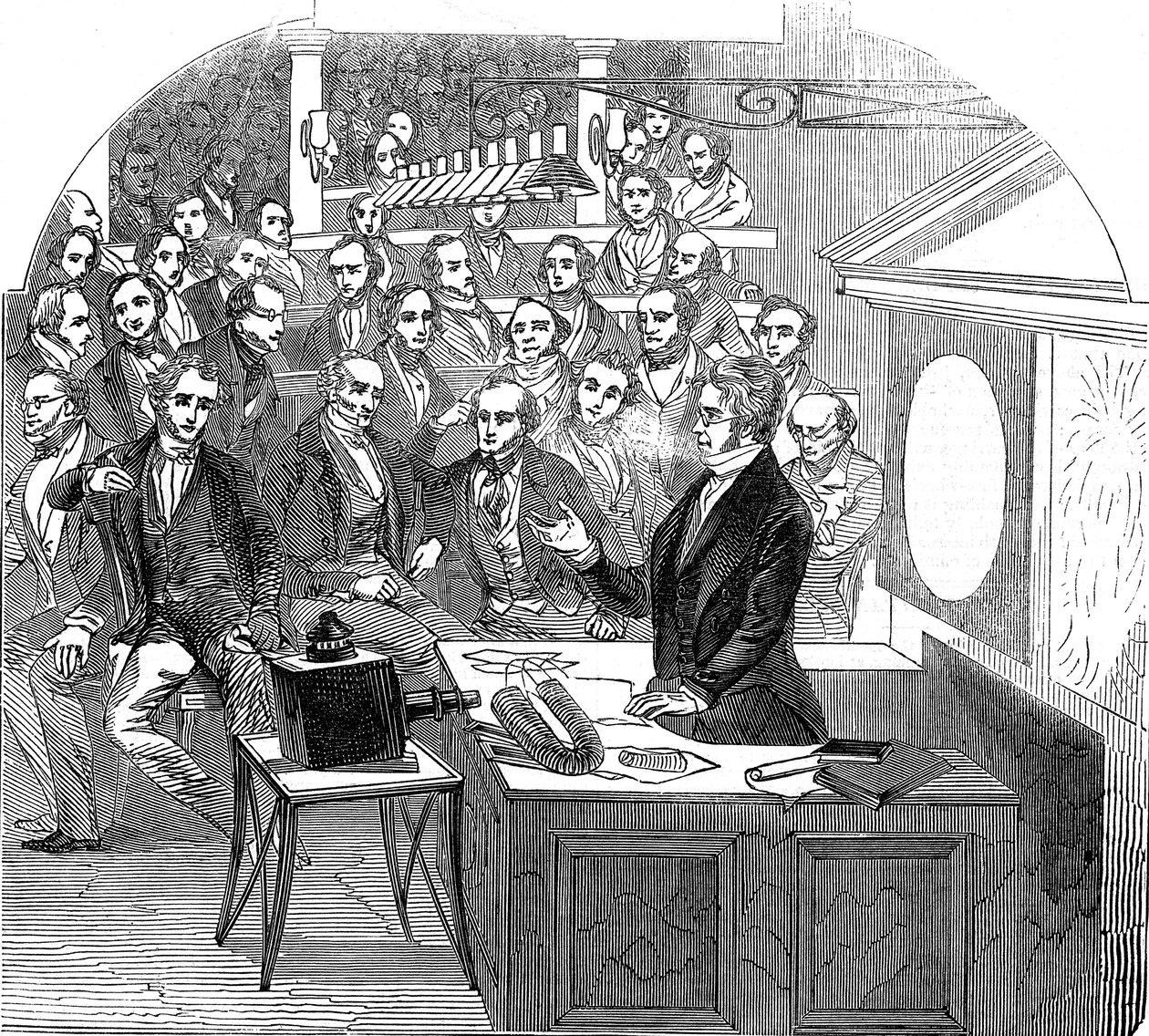 Michael Faraday forelæser om elektricitet og magnetisme, Royal Institution, London, 1846 af Unbekannt