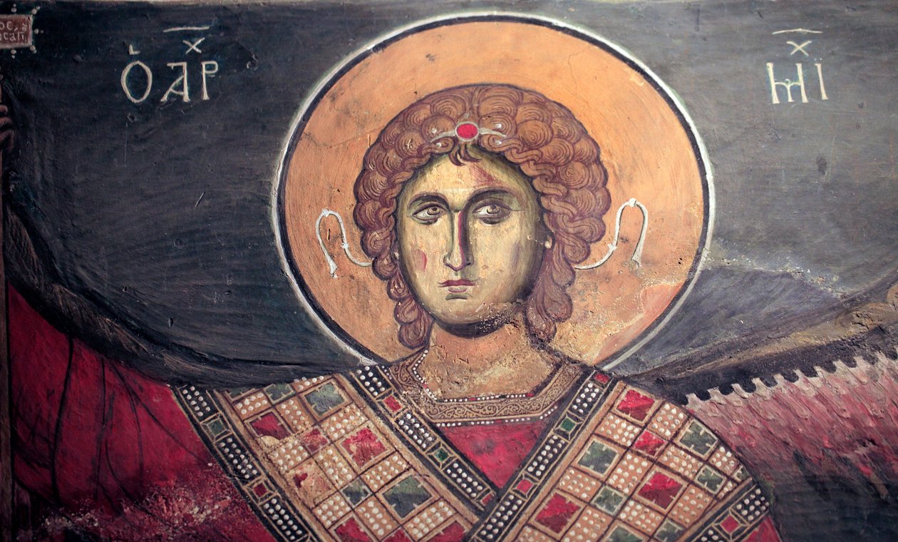 Mickael Ærkeengel byzantinsk fresko fra Panagia tou Arakos Kirke Cypern fra det 12. århundrede Malede kirker UNESCO-sted Troodos, Cypern af Unbekannt