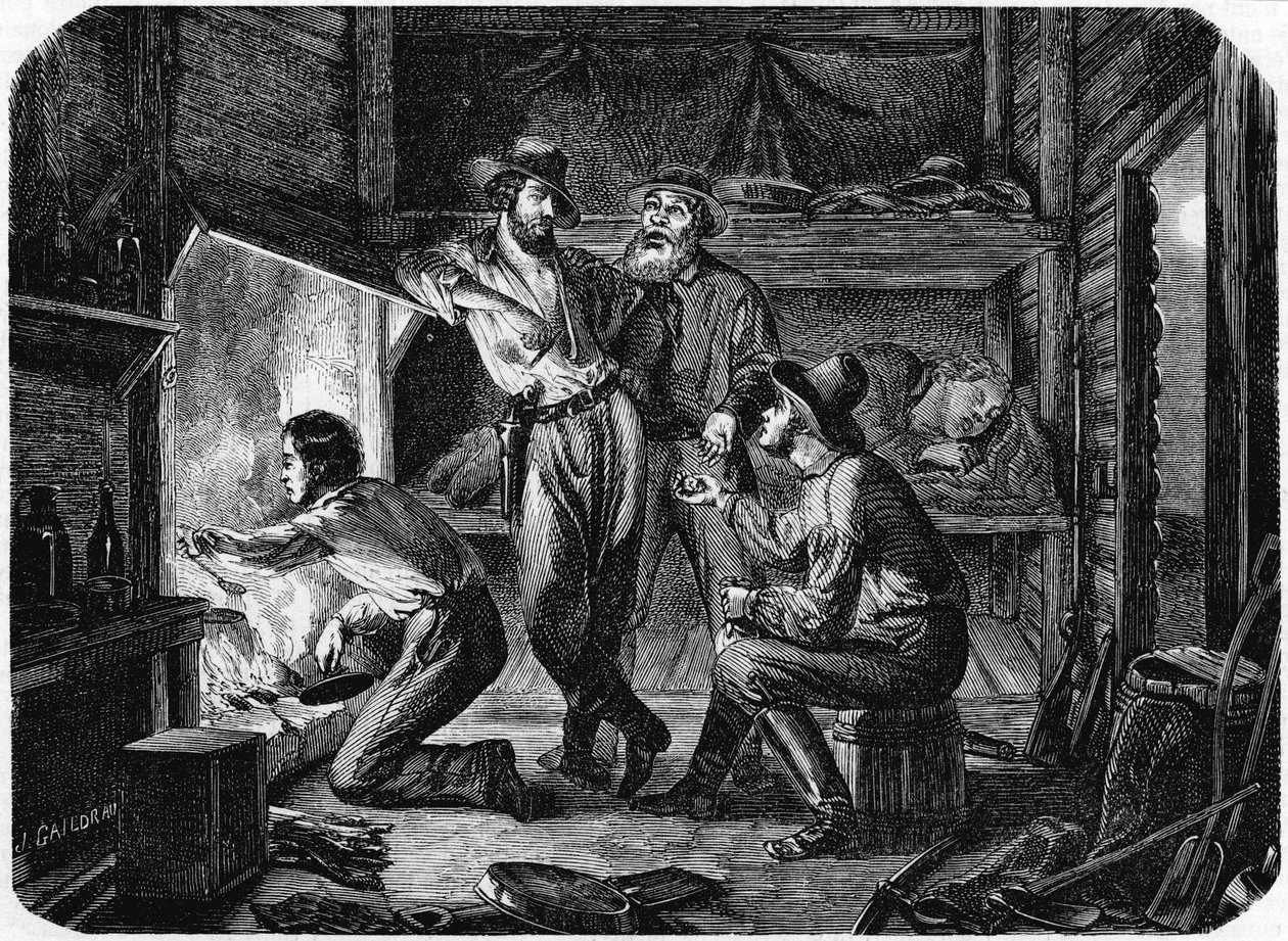 Minearbejdere i de californiske guldmarker slapper af i deres bjælkehytte om natten, 1853 af Unbekannt