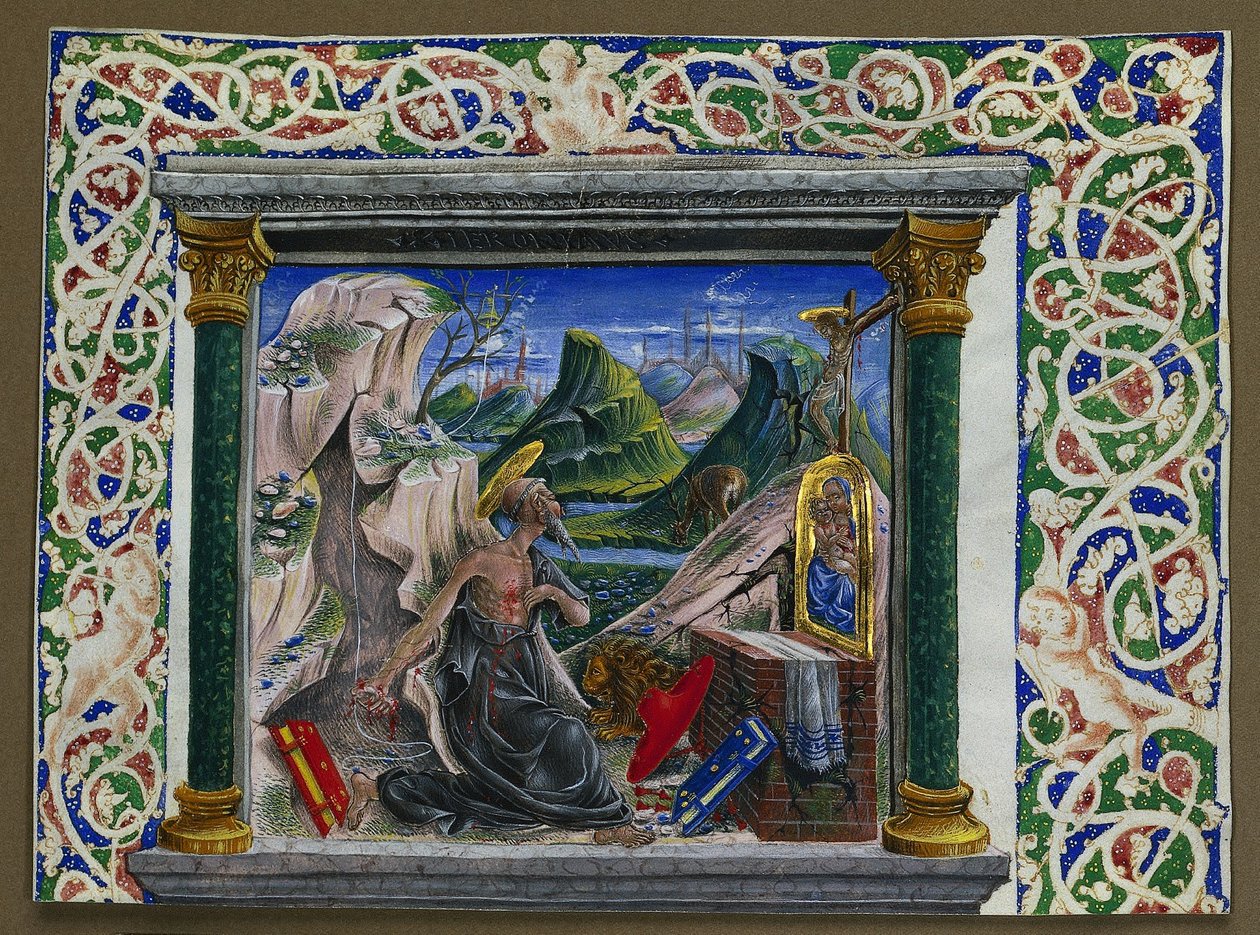 Miniature udskåret fra et manuskript: St. Hieronymus i ørkenen, ca. 1500. af Unbekannt