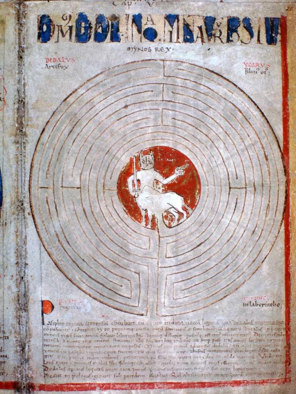 Minotaur i en labyrint, en side fra Liber Floridus, 1100-tallet af Unbekannt