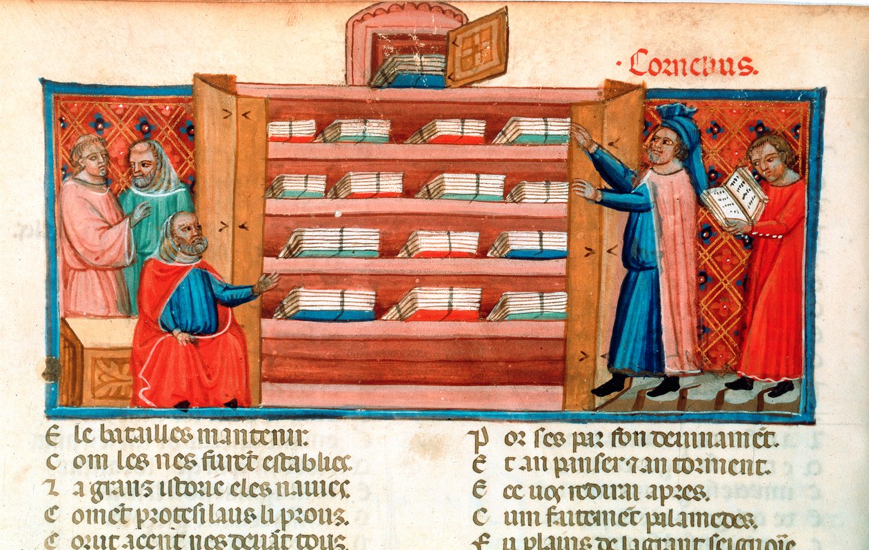 Munke og studerende i et bibliotek, 1400-tallet af Unbekannt