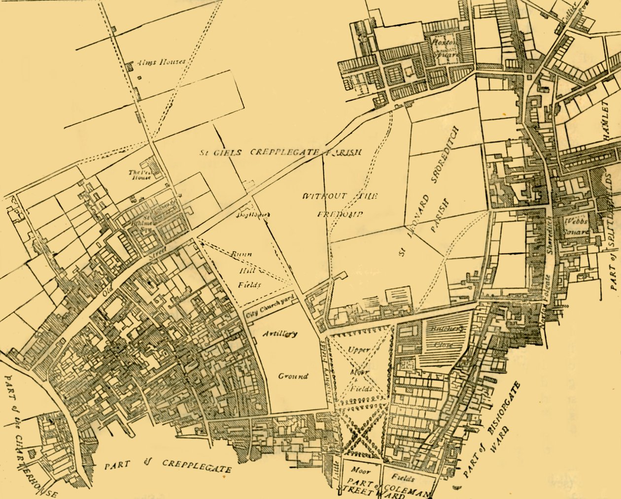 Moorfields and its Neighborhood Fra et kort fra omkring 1720, c1872. af Unbekannt