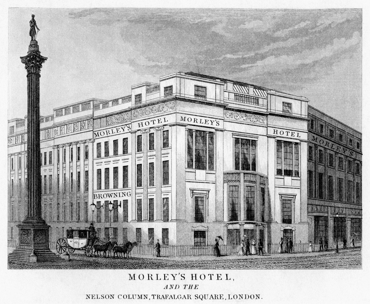 Morleys Hotel og Nelsons Column, Trafalgar Square, Westminster, London, 1800-tallet af Unbekannt