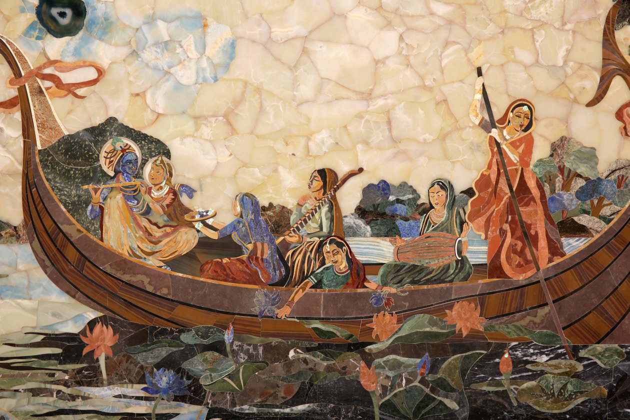 Mosaik, der forestiller den hinduistiske gud Krishna med gopis i en båd. Indien af Unbekannt