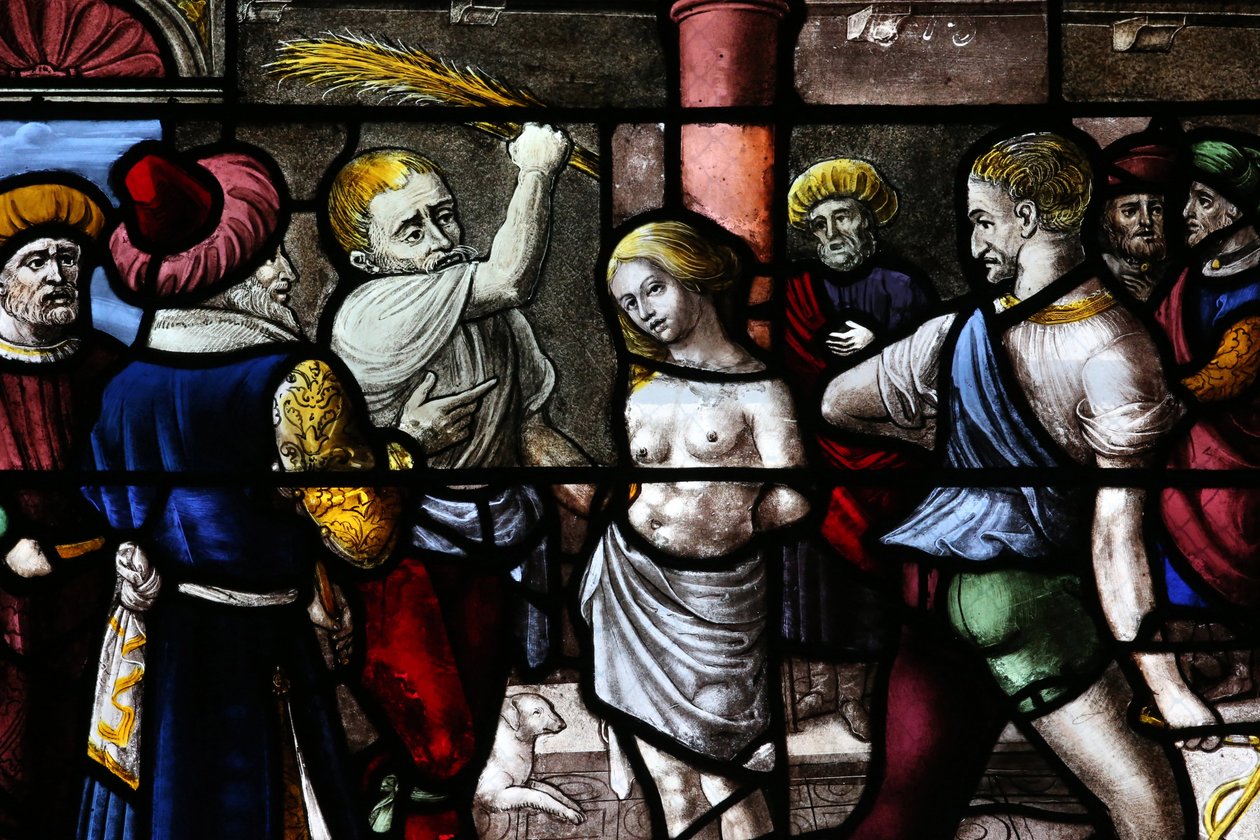 Moulins katedral. Glasmosaik vindue. Den store martyr Sankt Barbara. Straf, 20160603, Moulins, Europa af Unbekannt