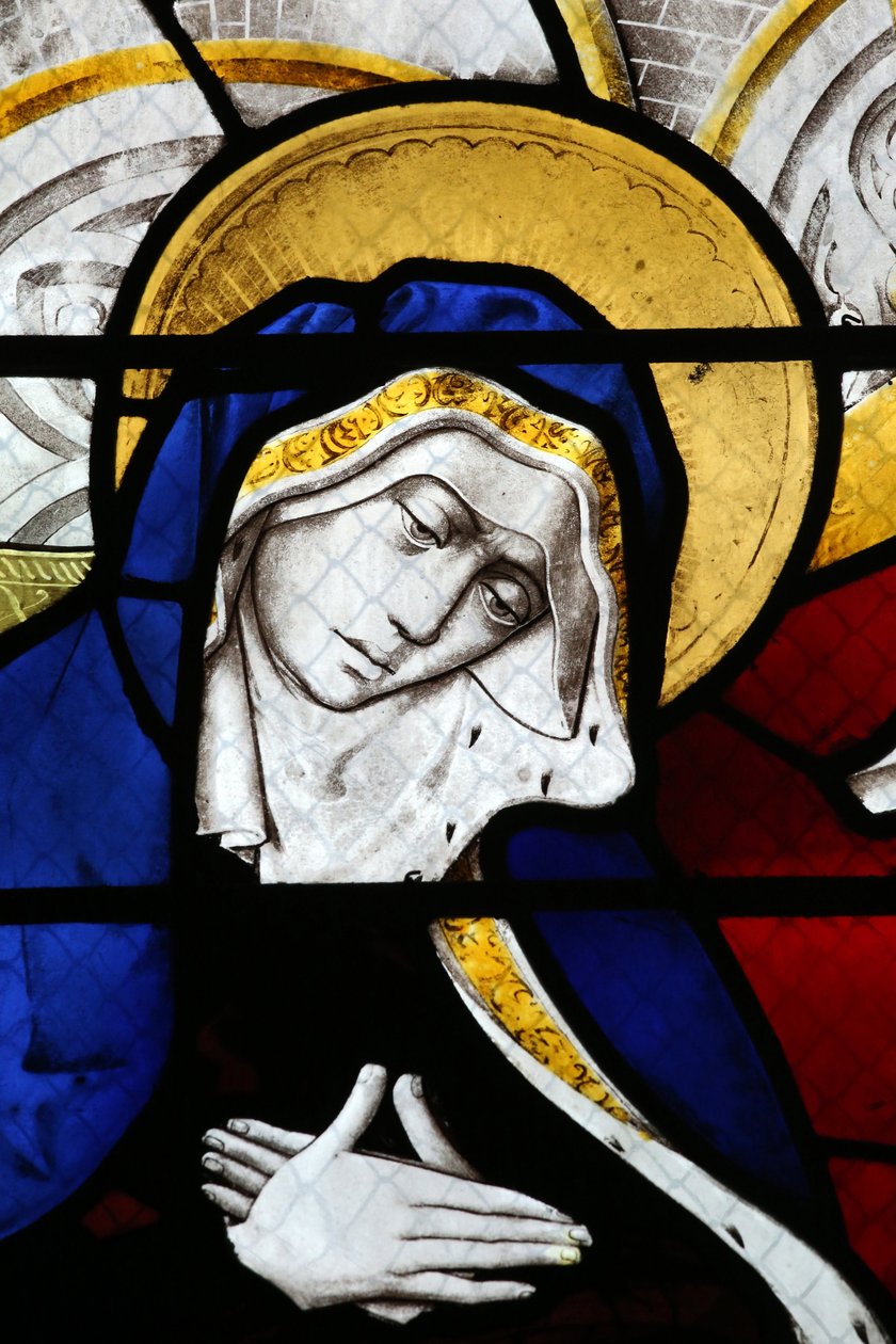 Moulins katedral. Glasmosaik vindue. Virgin pain, 20160603, Moulins, Europa af Unbekannt