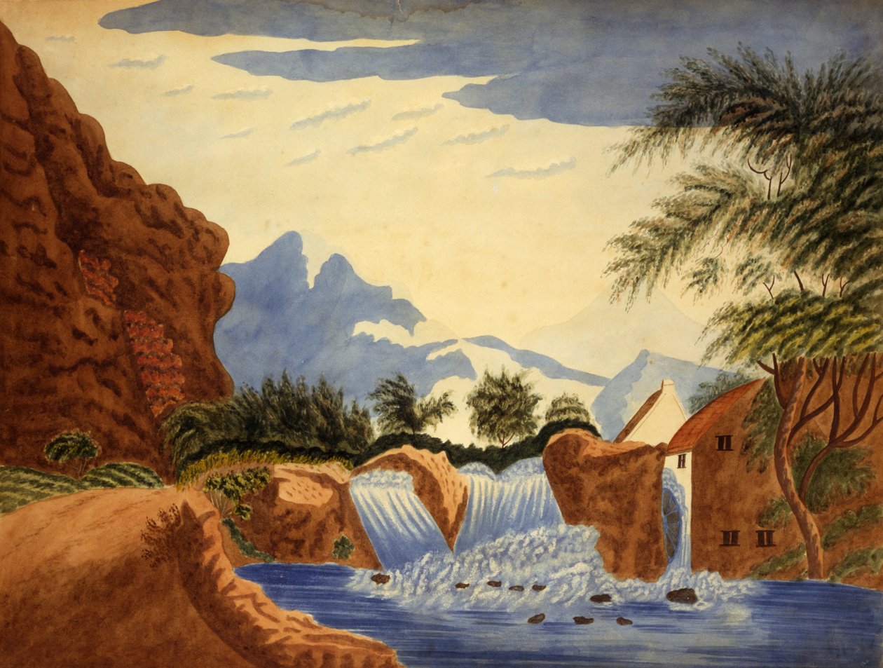 Bjergscene og vandhjul, ca. 1820-1870. af Unbekannt