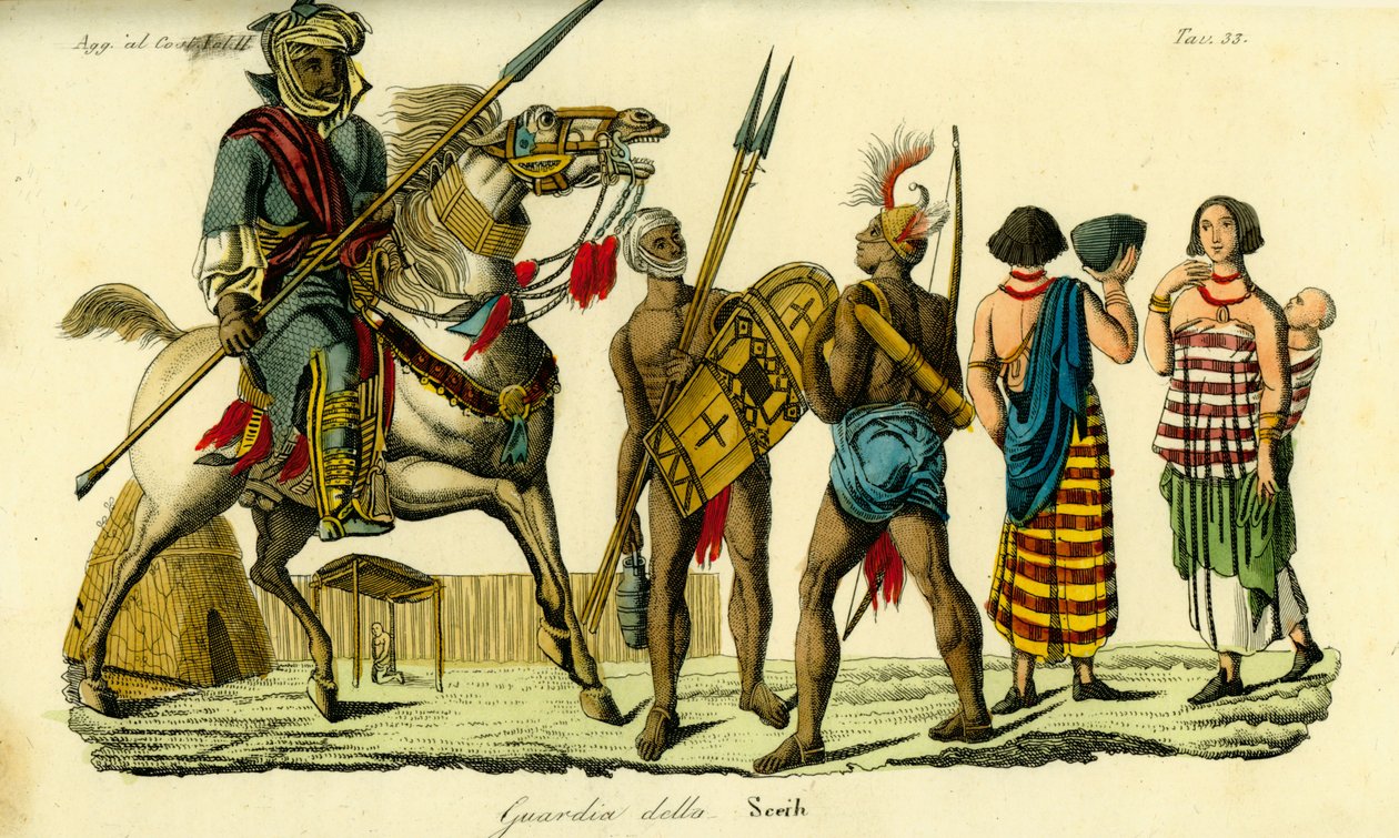 Monterede livvagt til Sheiken af Bornu sammen med Kanembu-lancer og Munga-bueskytte, Kanem-Bornu Empire af Unbekannt