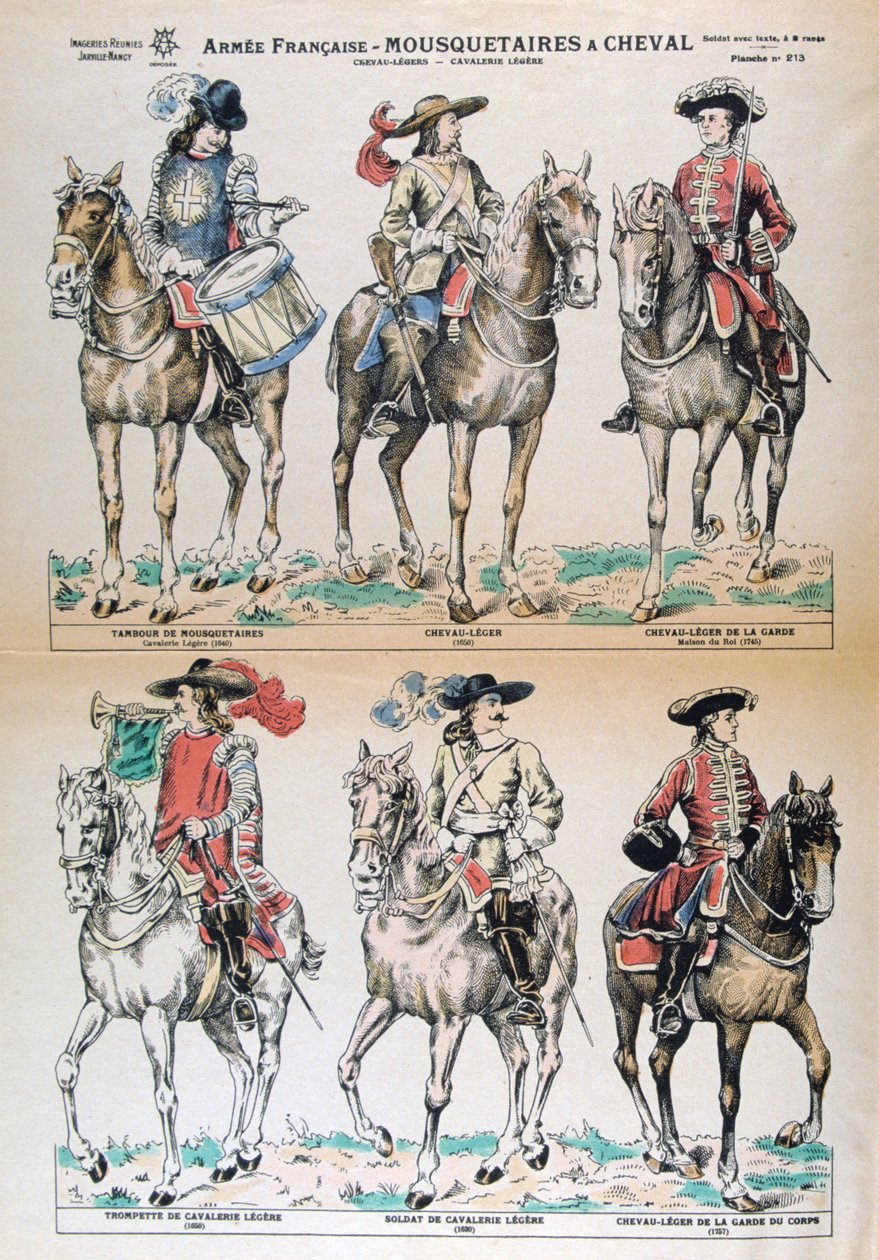 Mousquetaires a Cheval 17th Century. franske hæruniformer. Farvelitografi. Privat samling af Unbekannt